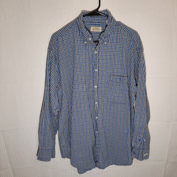 St John’s Bay L Blue Yellow Plaid Shirt Textured Cotton Button Down Long Sleeve - Picture 1 of 5